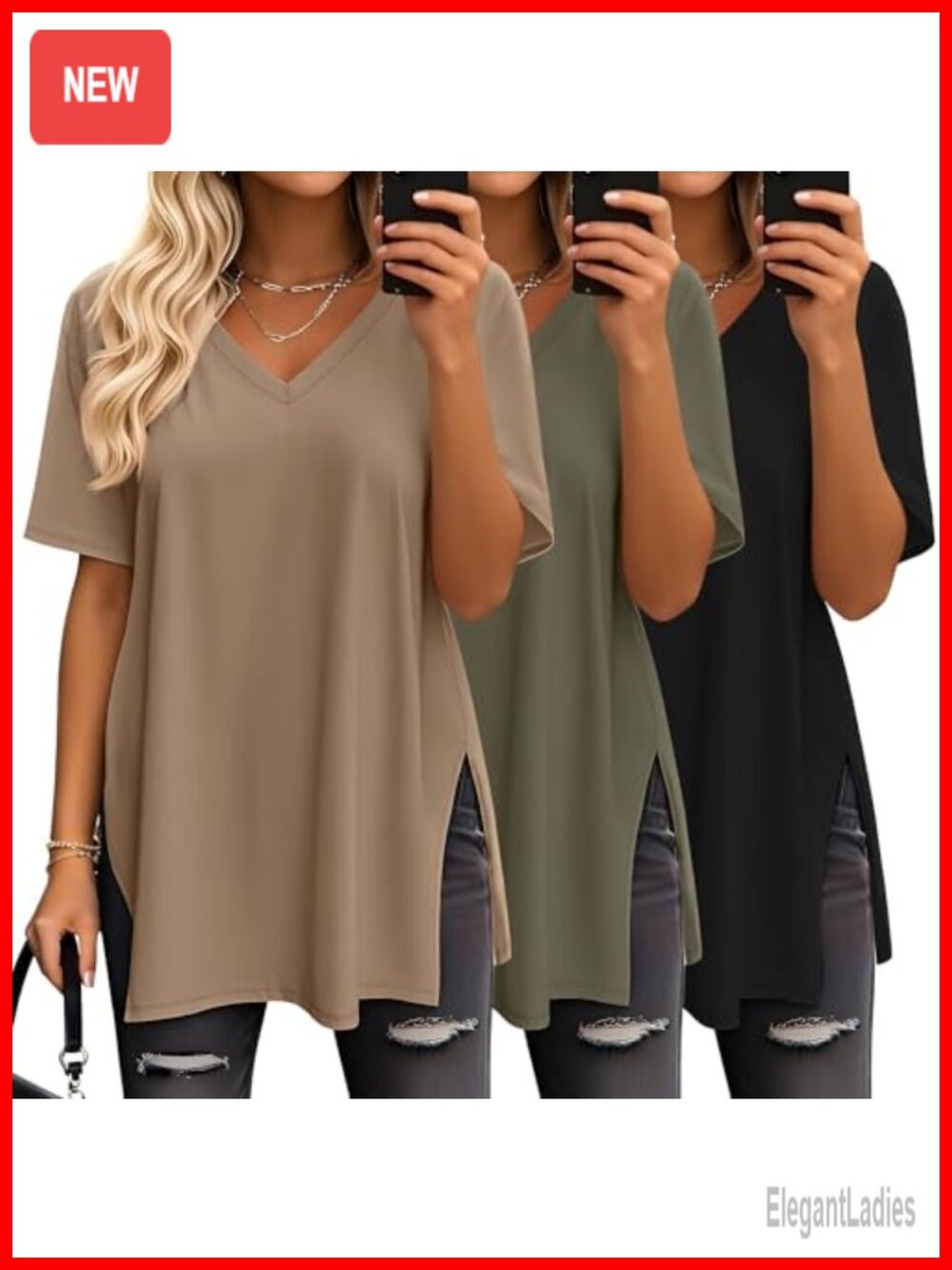 Oversized V Neck Tunic T-Shirts 3 Pack Polyester Cotton Spandex